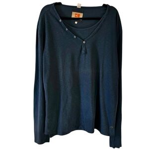 Boss Orange Label Men’s Navy Cotton Long Sleeve Dual Neck Henley Shirt- Size XL